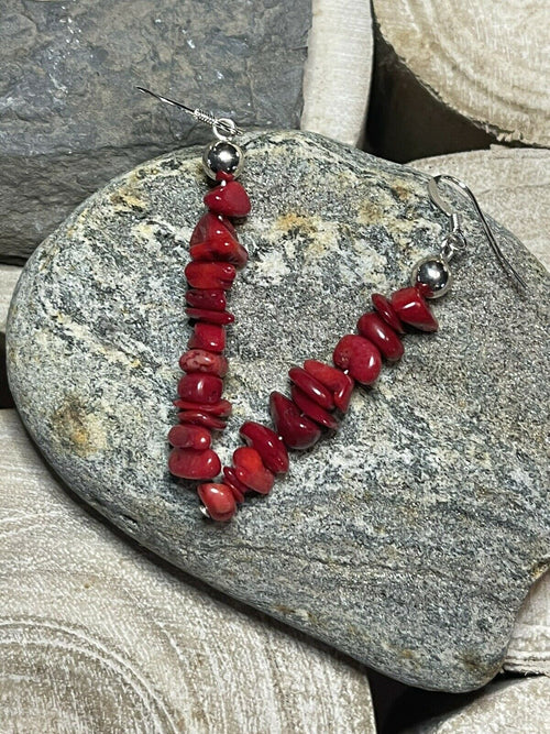 Navajo Sterling Silver Apple Coral Chip Dangle Earrings