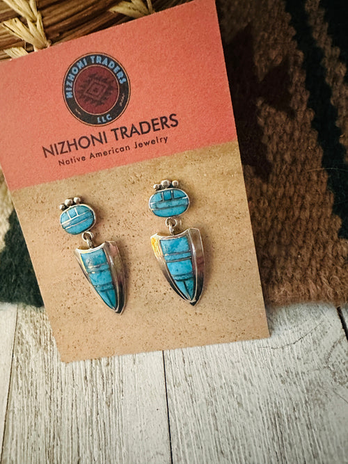 Vintage Old Pawn Navajo Sterling Silver & Turquoise Inlay Dangle Earrings