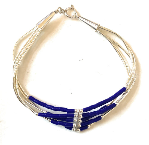 Navajo Lapis & Sterling Liquid Silver Beaded Bracelet