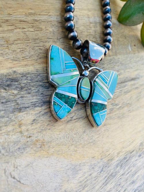 Beautiful Navajo Handmade Multi Turquoise and Sterling Silver Inlay Butterfly Pendant