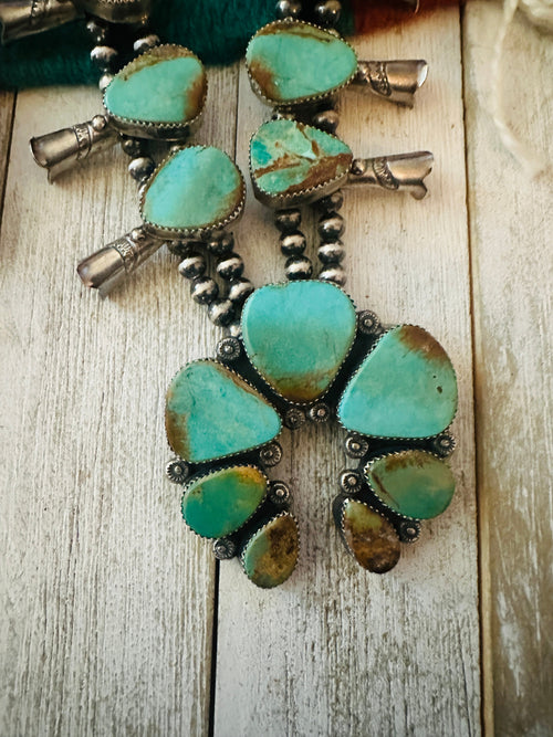 Navajo Sterling Silver & Royston Turquoise Squash Necklace Set Signed