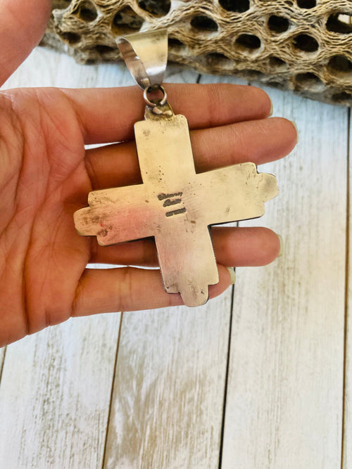 Navajo Orange Spiny & Sterling Silver Zia Cross Pendant By Chimney Butte