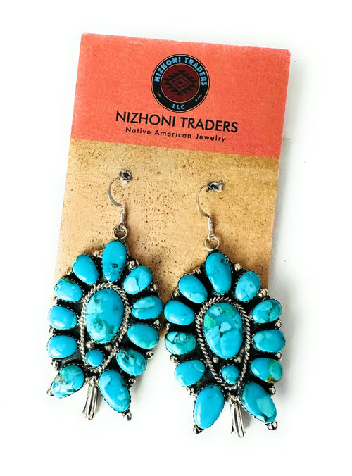 Navajo Sterling Silver & Turquoise Cluster Blossom Dangle Earrings