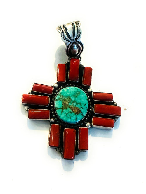 Navajo Coral, Turquoise & Sterling Silver Cross Pendant Signed