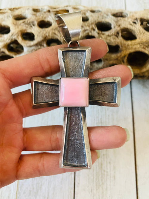 Navajo Queen Pink Conch Shell & Sterling Silver Cross Pendant By Chimney Butte