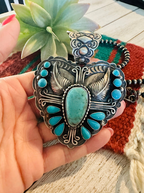 Navajo Turquoise & Sterling Silver Heart Pendant by Shawn Cayatineto