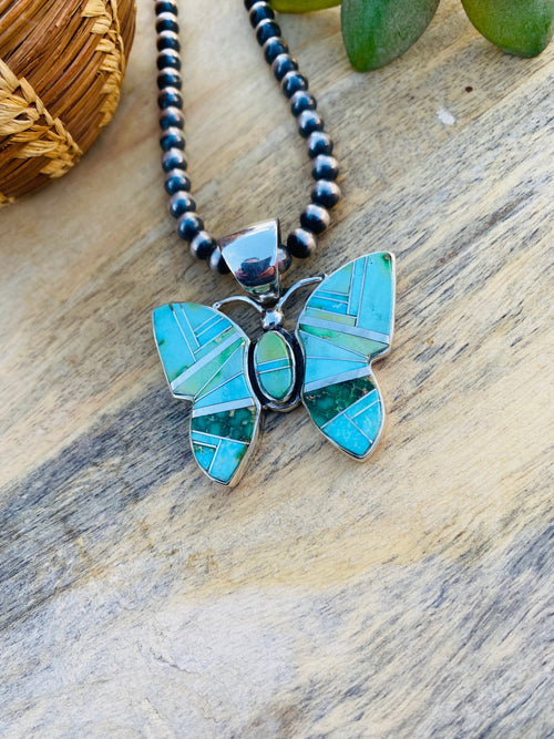 Beautiful Navajo Handmade Multi Turquoise and Sterling Silver Inlay Butterfly Pendant