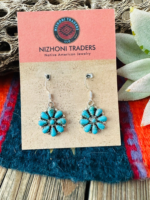 Navajo Sterling Silver & Turquoise Cluster Dangle Earrings