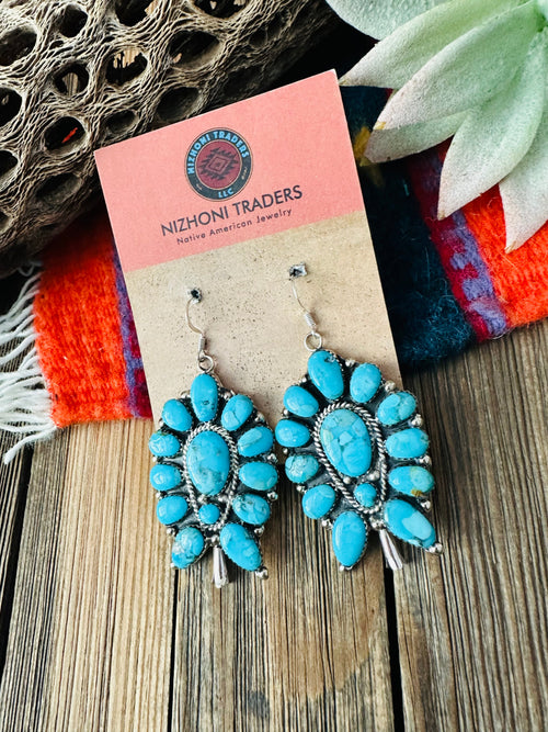 Navajo Sterling Silver & Turquoise Cluster Blossom Dangle Earrings