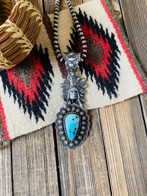 Navajo Sterling Kingman Turquoise & Sterling Silver Indian Chief Pendant