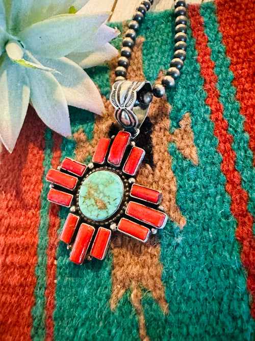 Navajo Coral, Turquoise & Sterling Silver Cross Pendant Signed