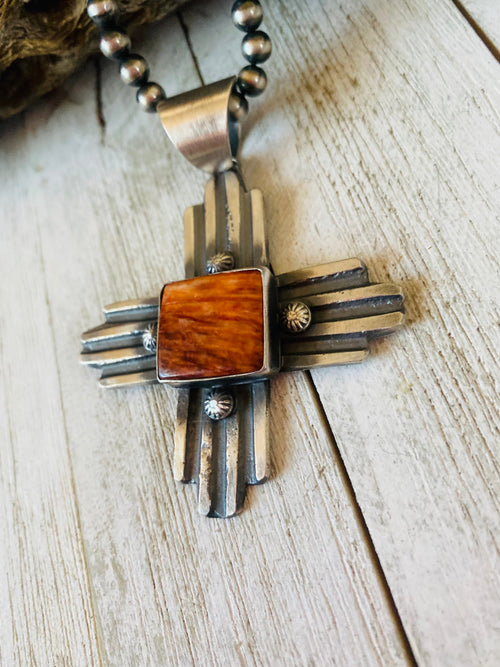 Navajo Orange Spiny & Sterling Silver Zia Cross Pendant By Chimney Butte