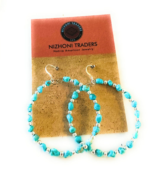 Navajo Turquoise & Sterling Silver Beaded Hoop Dangle Earrings