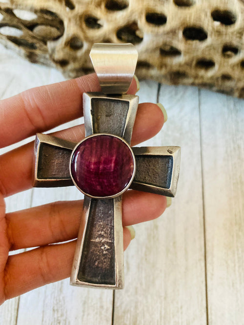 Navajo Queen Purple Spiny & Sterling Silver Cross Pendant By Chimney Butte