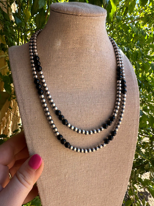 Navajo Pearl Sterling Silver & Black Onyx Beaded Necklace