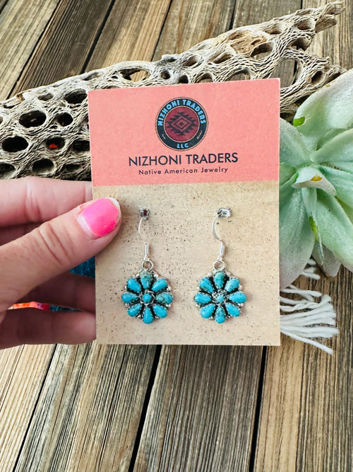 Navajo Sterling Silver & Turquoise Cluster Dangle Earrings