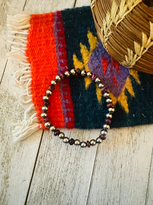 Navajo Purple Spiny & Sterling Silver Beaded Stretch Bracelet