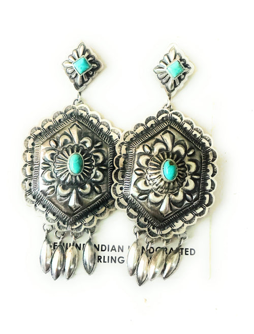 Navajo Sterling Silver & Turquoise Concho Dangle Earrings