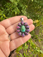 Handmade Sonoran Gold Turquoise, Dark Purple Fire Opal & Sterling Silver Pendant Signed Nizhoni