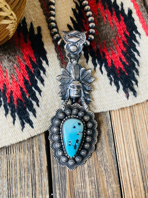 Navajo Sterling Kingman Turquoise & Sterling Silver Indian Chief Pendant