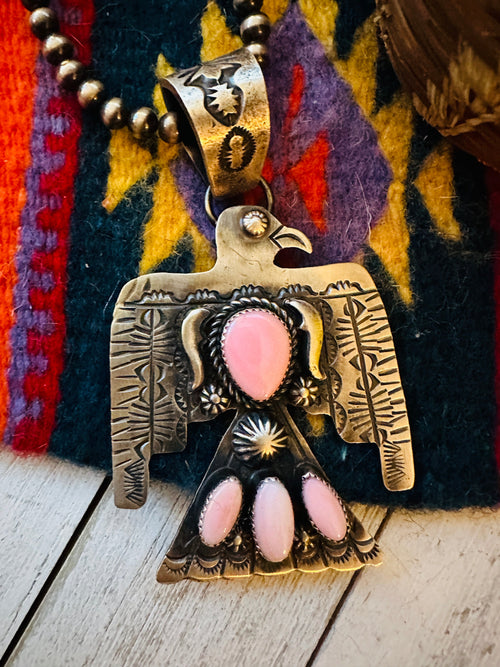 Navajo Queen Pink Conch & Sterling Silver Thunderbird Pendant