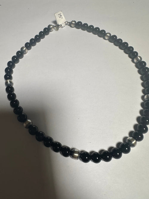 Navajo Pearl Sterling Silver & Black Onyx Beaded Necklace