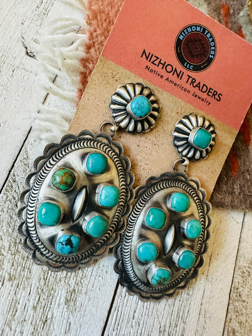 Navajo Sterling Silver & Turquoise Concho Dangle Earrings