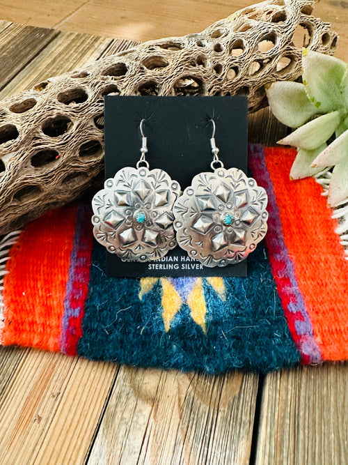 Navajo Sterling Silver & Turquoise Concho Dangle Earrings