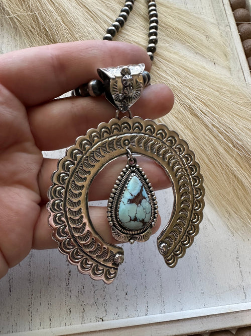 “The Statement Pendant ” Handmade Sterling Silver & Golden Hills Turquoise Naja Pendant