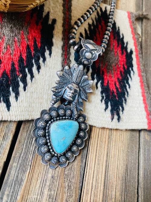 Navajo Sterling Kingman Turquoise & Sterling Silver Indian Chief Pendant