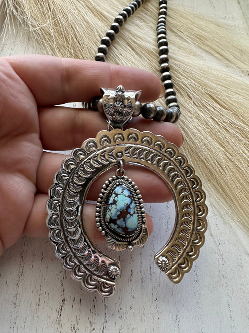 “The Statement Pendant ” Handmade Sterling Silver & Golden Hills Turquoise Naja Pendant