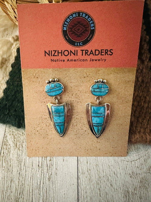 Vintage Old Pawn Navajo Sterling Silver & Turquoise Inlay Dangle Earrings