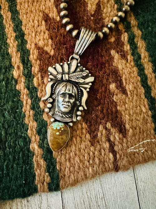 Navajo Turquoise & Sterling Silver Indian Head Pendant By Richard Singer