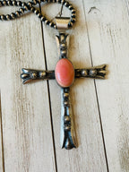 Navajo Queen Pink Conch Shell & Sterling Silver Cross Pendant By Chimney Butte