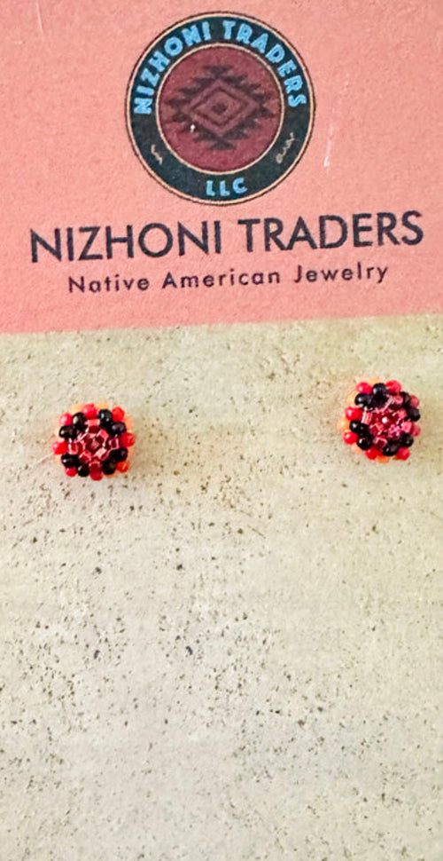 Navajo Handmade Beaded Stud Earrings- red