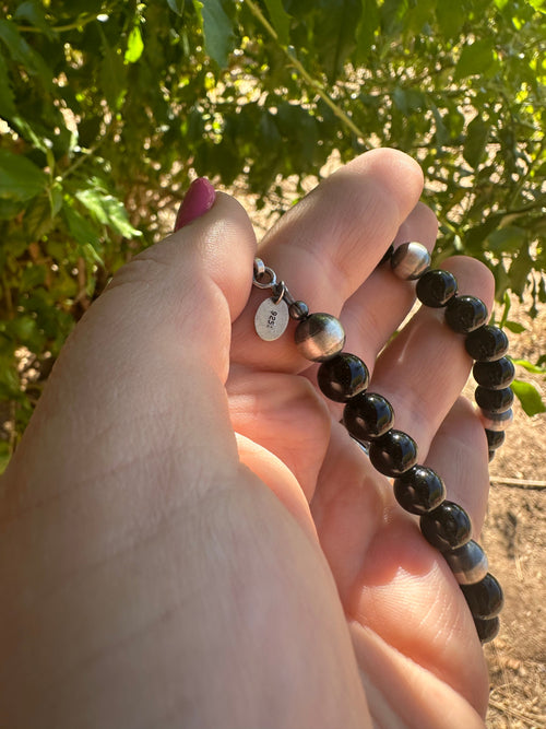 Navajo Pearl Sterling Silver & Black Onyx Beaded Necklace