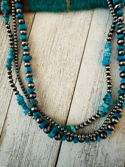 Navajo Sterling Silver Pearl & Turquoise Beaded Triple Strand Necklace