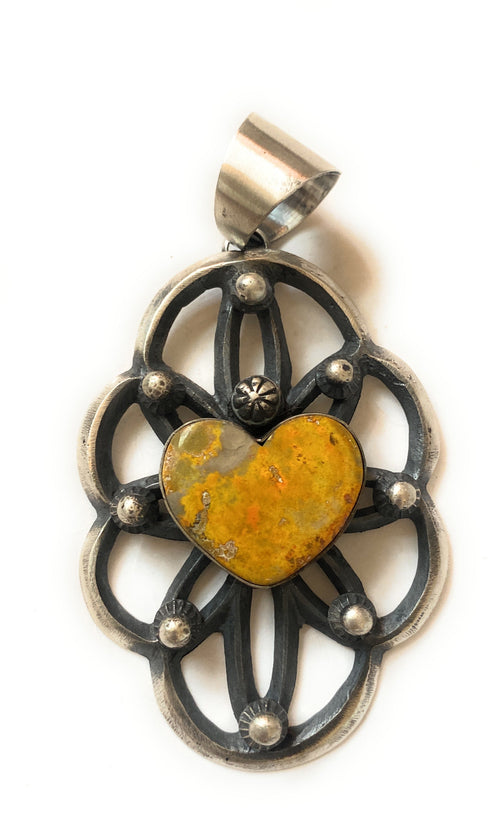 Navajo Sterling Silver & Bumblebee Jasper Heart Pendant By Chimney Butte