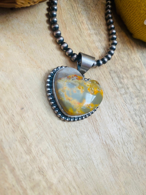 Navajo Bumblebee Jasper & Sterling Silver Heart Pendant Signed