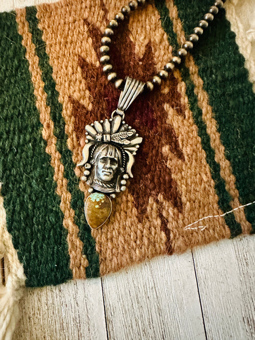 Navajo Turquoise & Sterling Silver Indian Head Pendant By Richard Singer