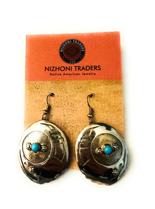 Vintage Old Pawn Navajo Hand Stamped Sterling Silver & Turquoise Dangle Earrings