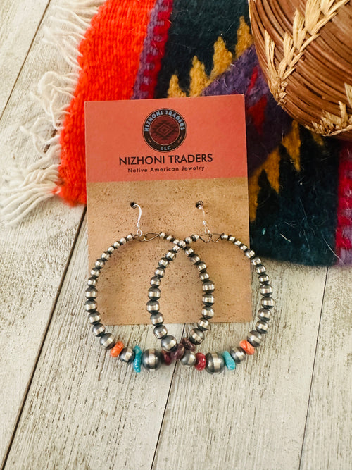 Navajo Multi Stone & Sterling Silver Pearl Dangle Hoop Earrings