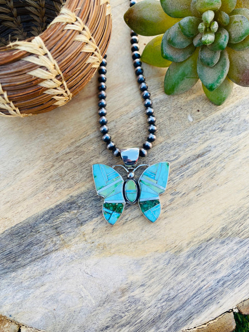 Beautiful Navajo Handmade Multi Turquoise and Sterling Silver Inlay Butterfly Pendant