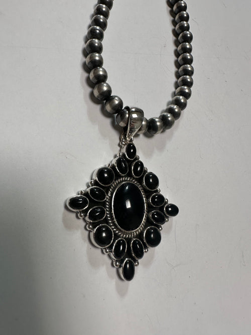 Handmade Onyx & Sterling Silver Pendant Signed Nizhoni