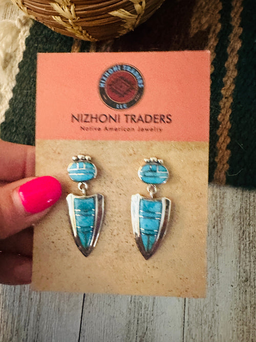 Vintage Old Pawn Navajo Sterling Silver & Turquoise Inlay Dangle Earrings