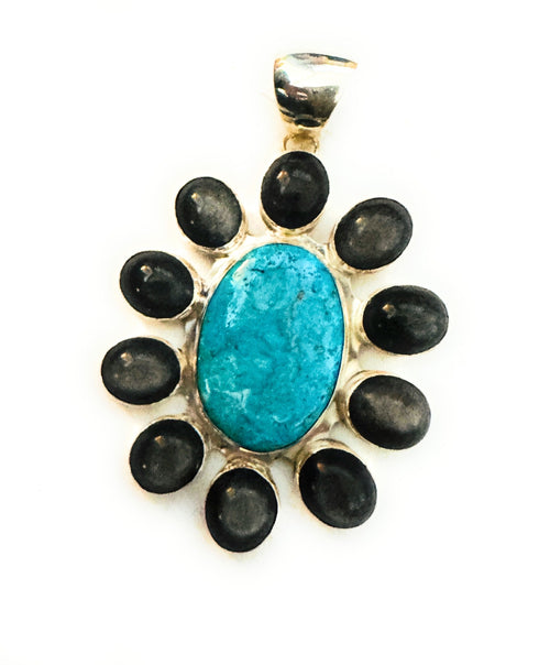 Navajo Black Abalone, Turquoise & Sterling Silver Cluster Pendant