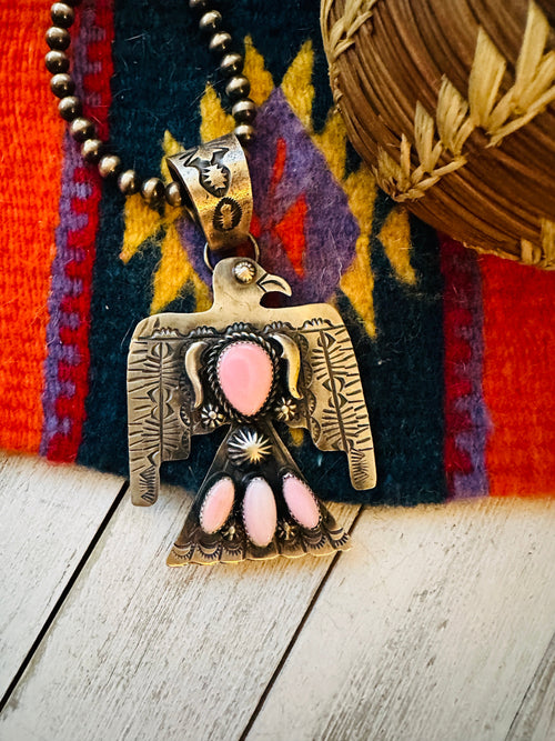 Navajo Queen Pink Conch & Sterling Silver Thunderbird Pendant