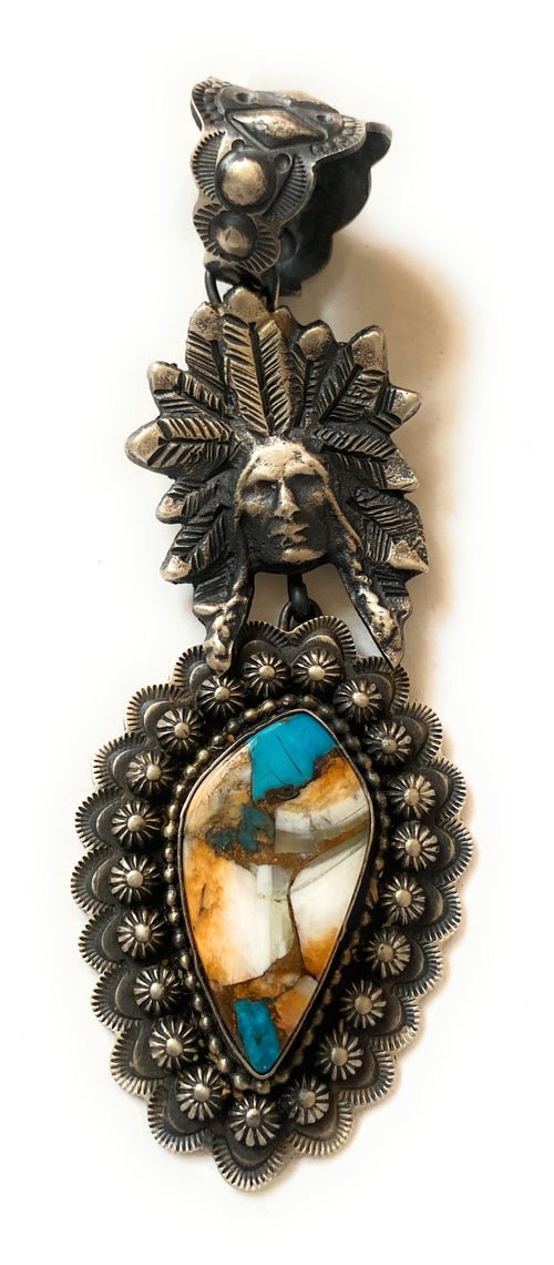 Navajo Sterling Multi Stone Spice & Sterling Silver Indian Chief Pendant