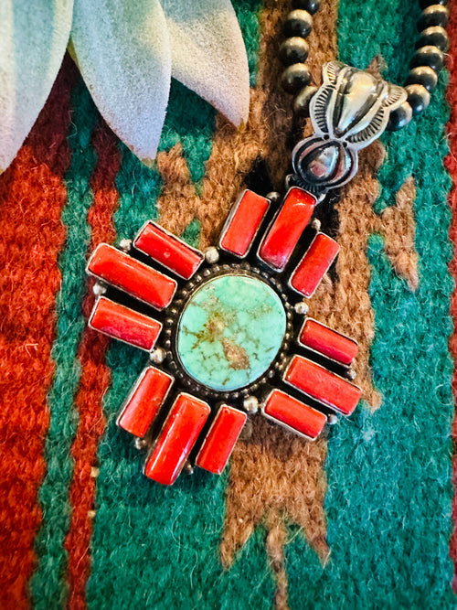 Navajo Coral, Turquoise & Sterling Silver Cross Pendant Signed