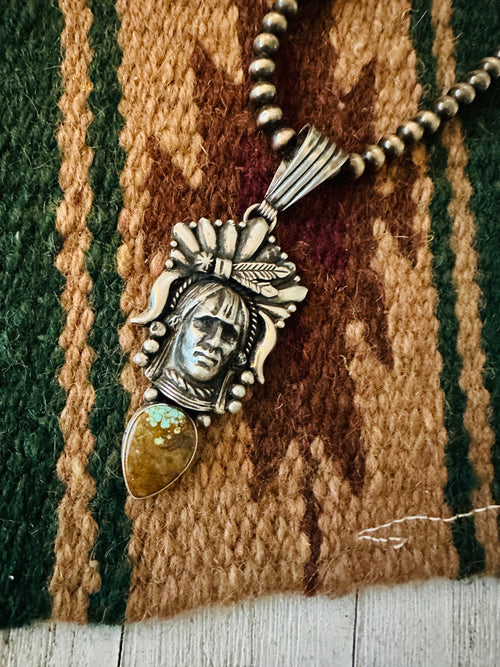 Navajo Turquoise & Sterling Silver Indian Head Pendant By Richard Singer